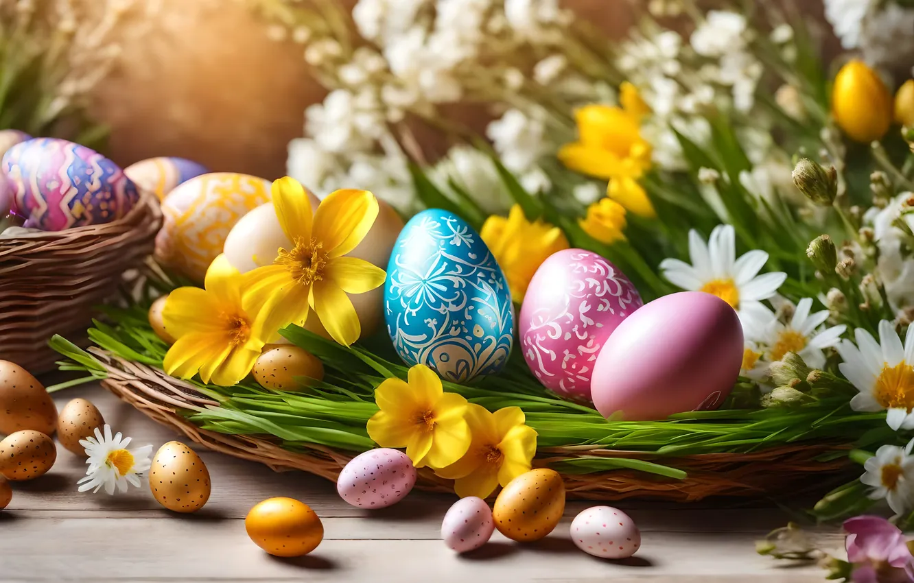 Фото обои цветы, яйца, весна, colorful, Пасха, happy, flowers, spring