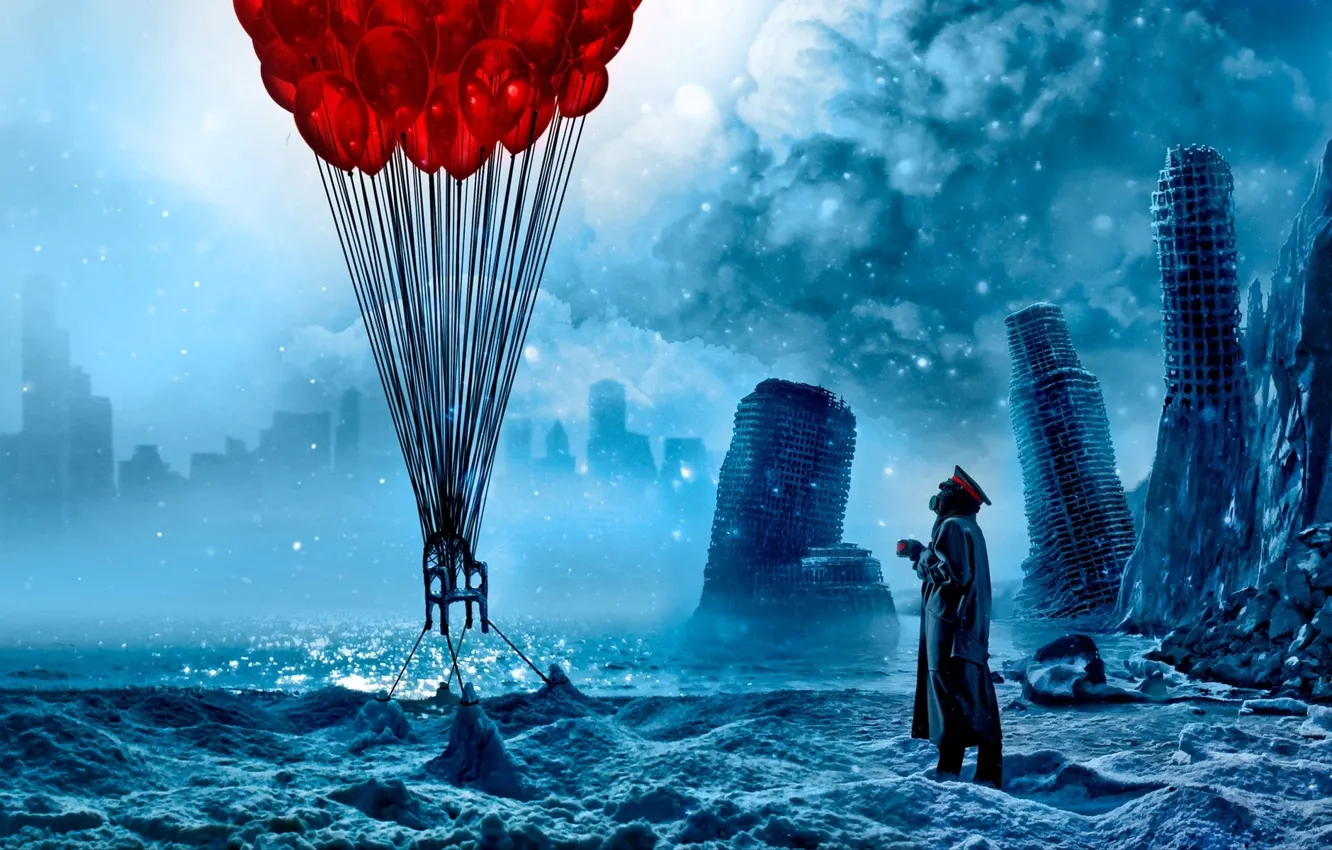 Фото обои море, облака, снег, город, воздушные шары, лёд, арт, стул