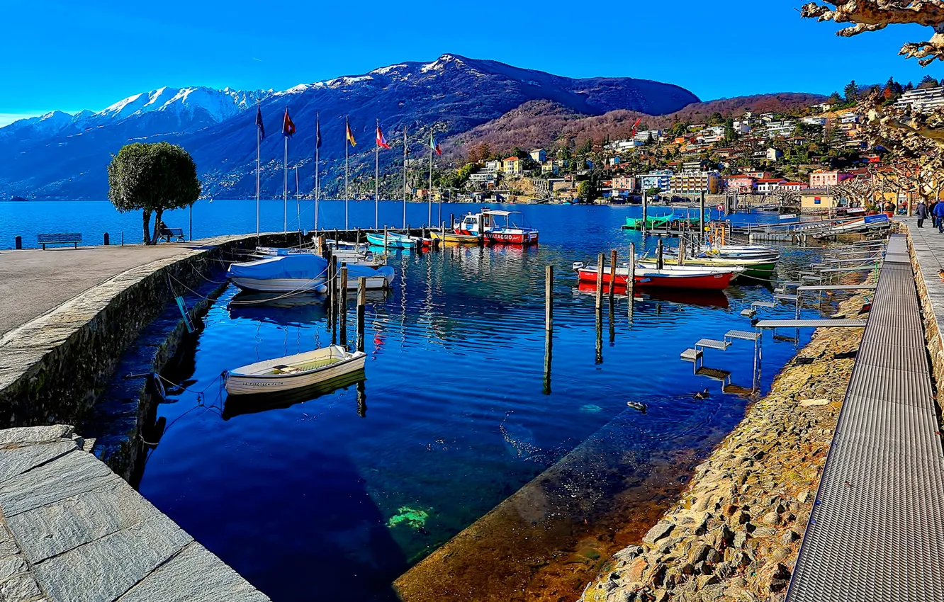 Фото обои небо, пейзаж, горы, озеро, лодка, дома, яхта, Швейцария