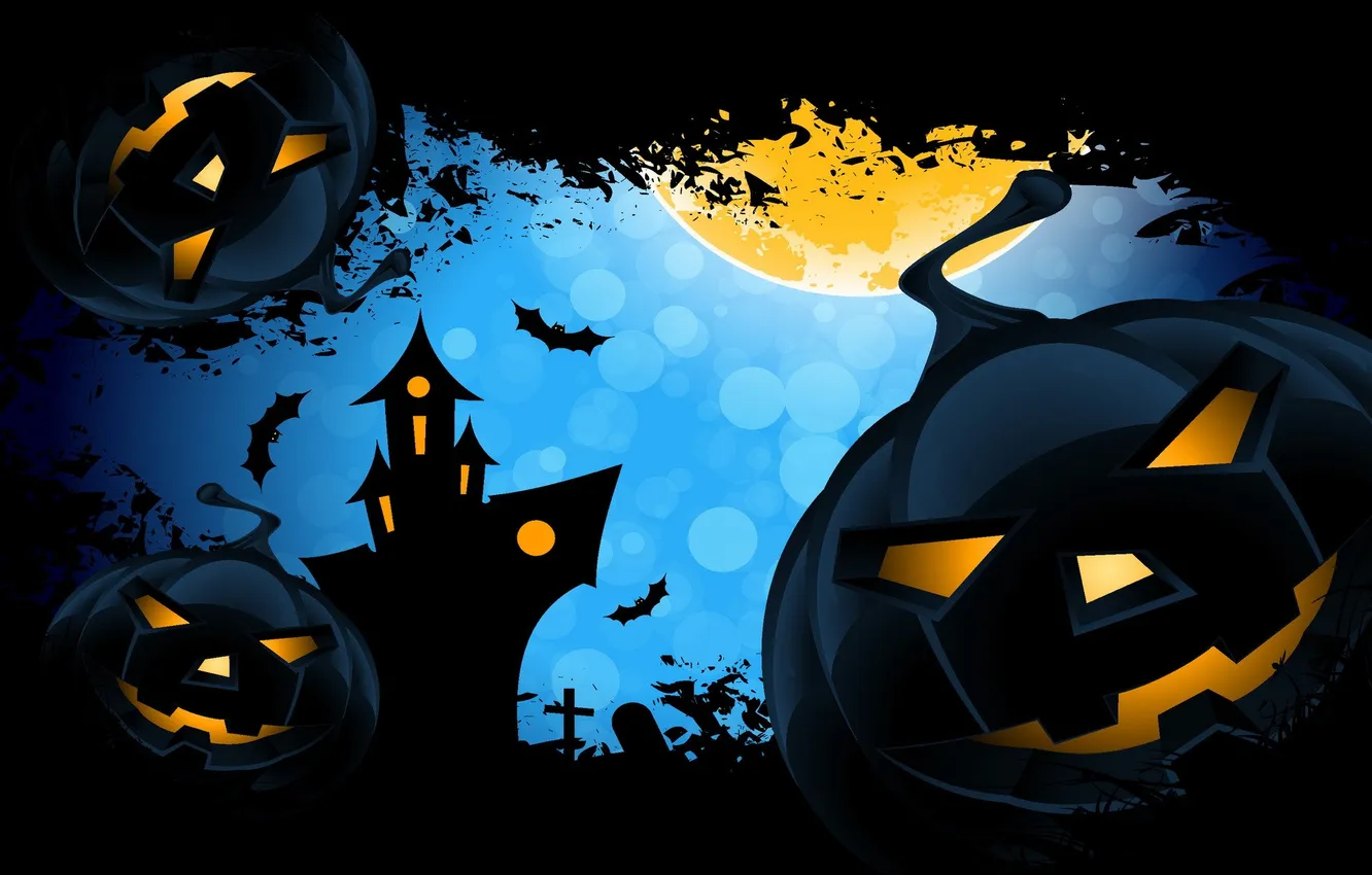 Фото обои небо, дом, луна, тыквы, Halloween, тыква, Хеллоуин