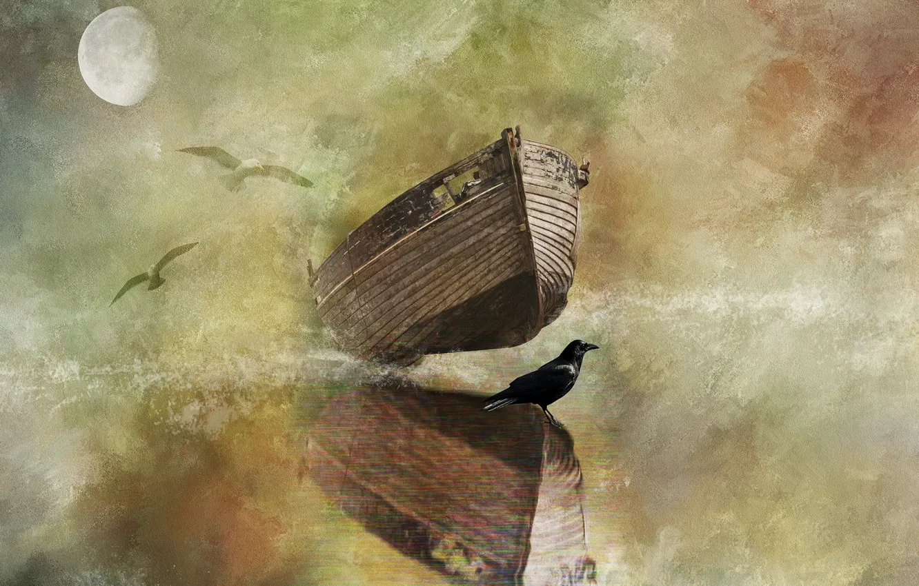 Фото обои стиль, птица, луна, лодка