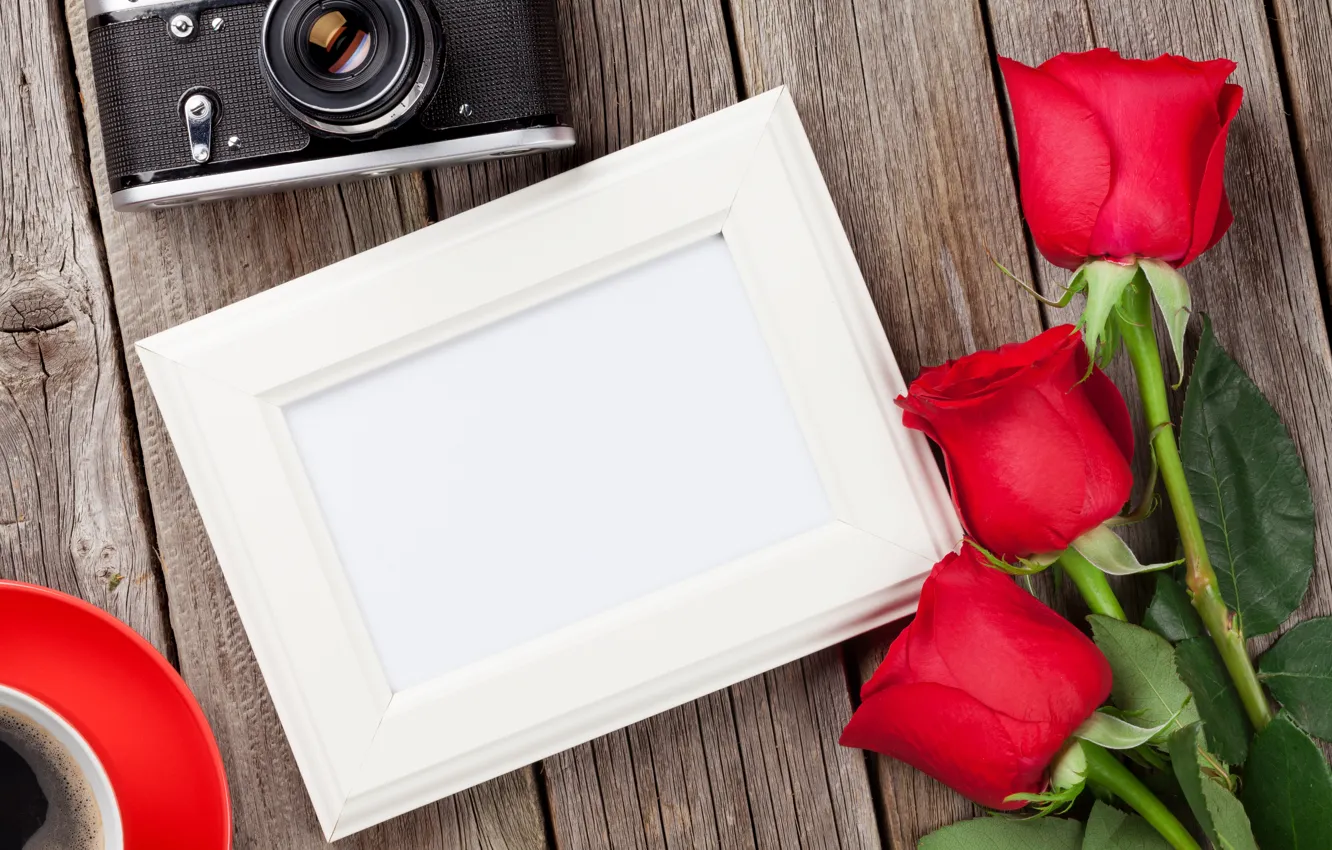 Фото обои любовь, цветы, кофе, розы, букет, камера, рамка, красные
