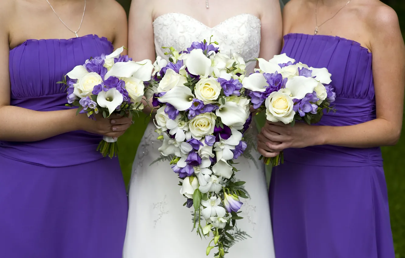 Фото обои цветы, букет, невеста, свадьба, подружки