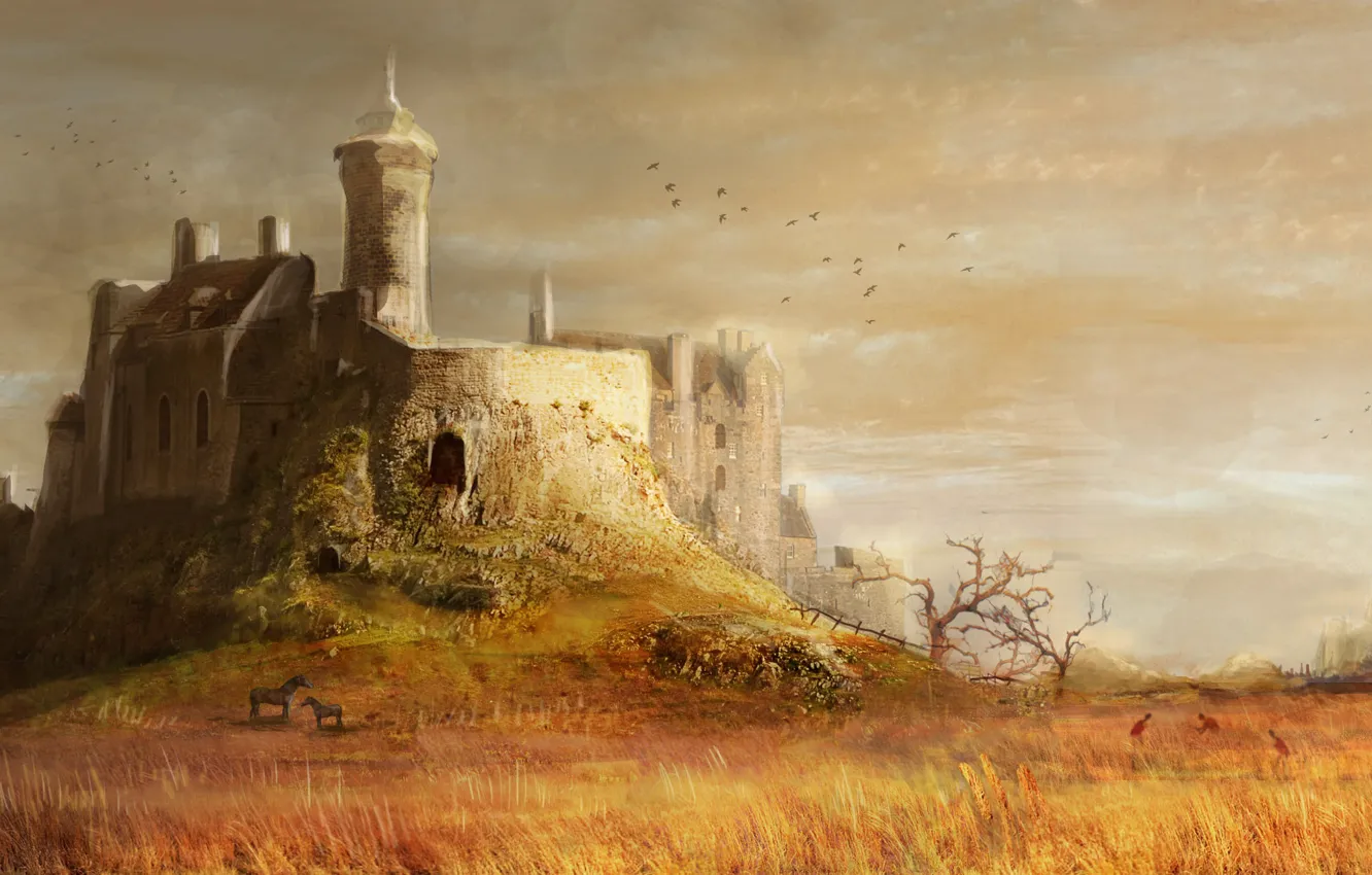 Фото обои трава, деревья, замок, кони, холм, башни, средневековый