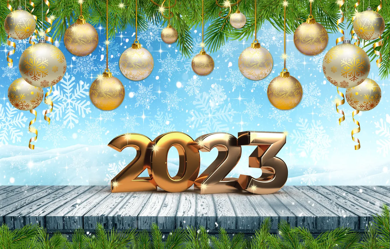 Фото обои зима, снег, снежинки, шары, Новый Год, цифры, metal, golden