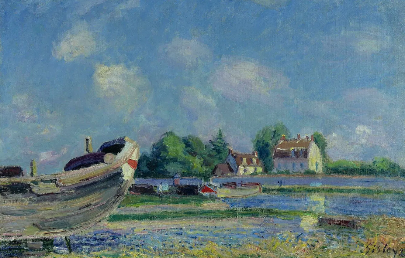 Фото обои пейзаж, картина, Alfred Sisley, Альфред Сислей, Лодки на Ремонте в Сен-Мамес