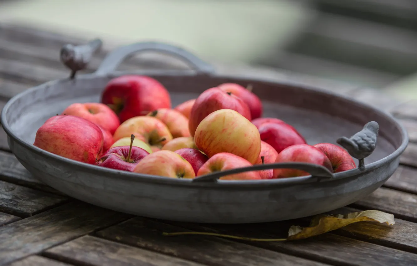Фото обои яблоки, красные, деревянный, фрукты, ящик, сковорода, осенний лист, осенние красные яблоки на сковородке