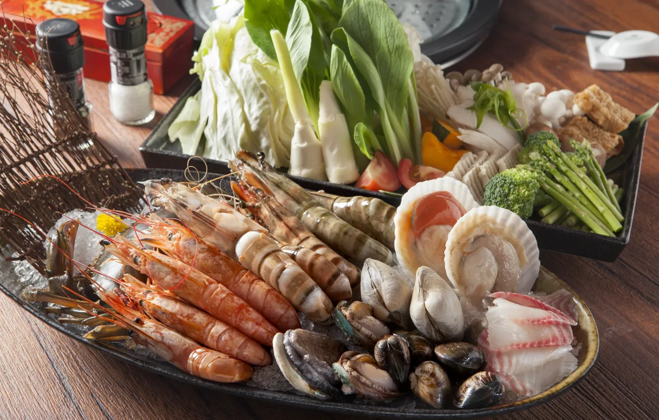 Фото обои овощи, креветки, морепродукты, моллюски