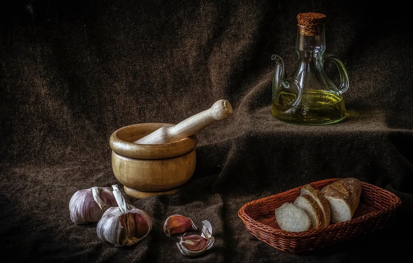 Фото обои масло, хлеб, натюрморт, корзинка, чеснок