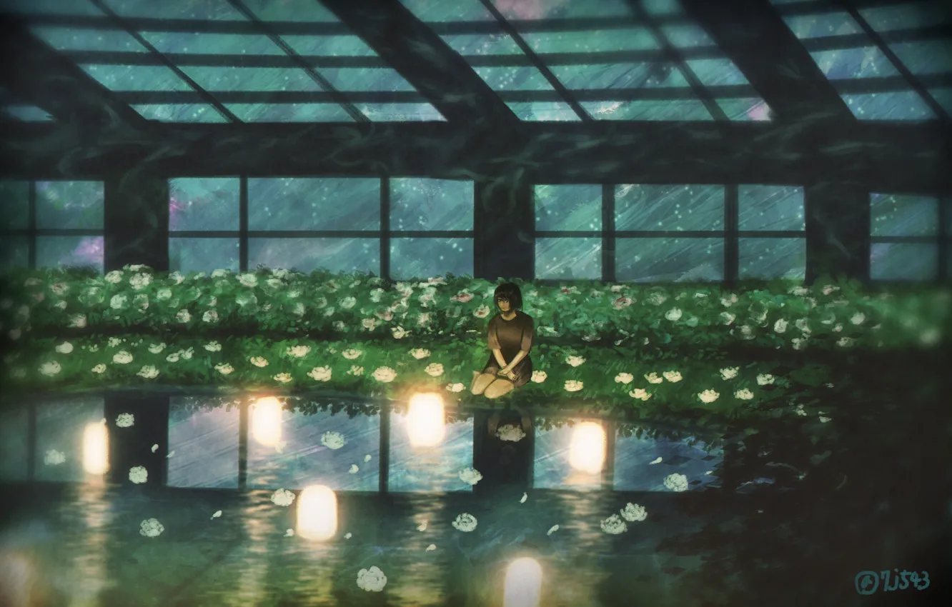 Фото обои небо, девушка, ночь, фонари, водоем, оранжерея