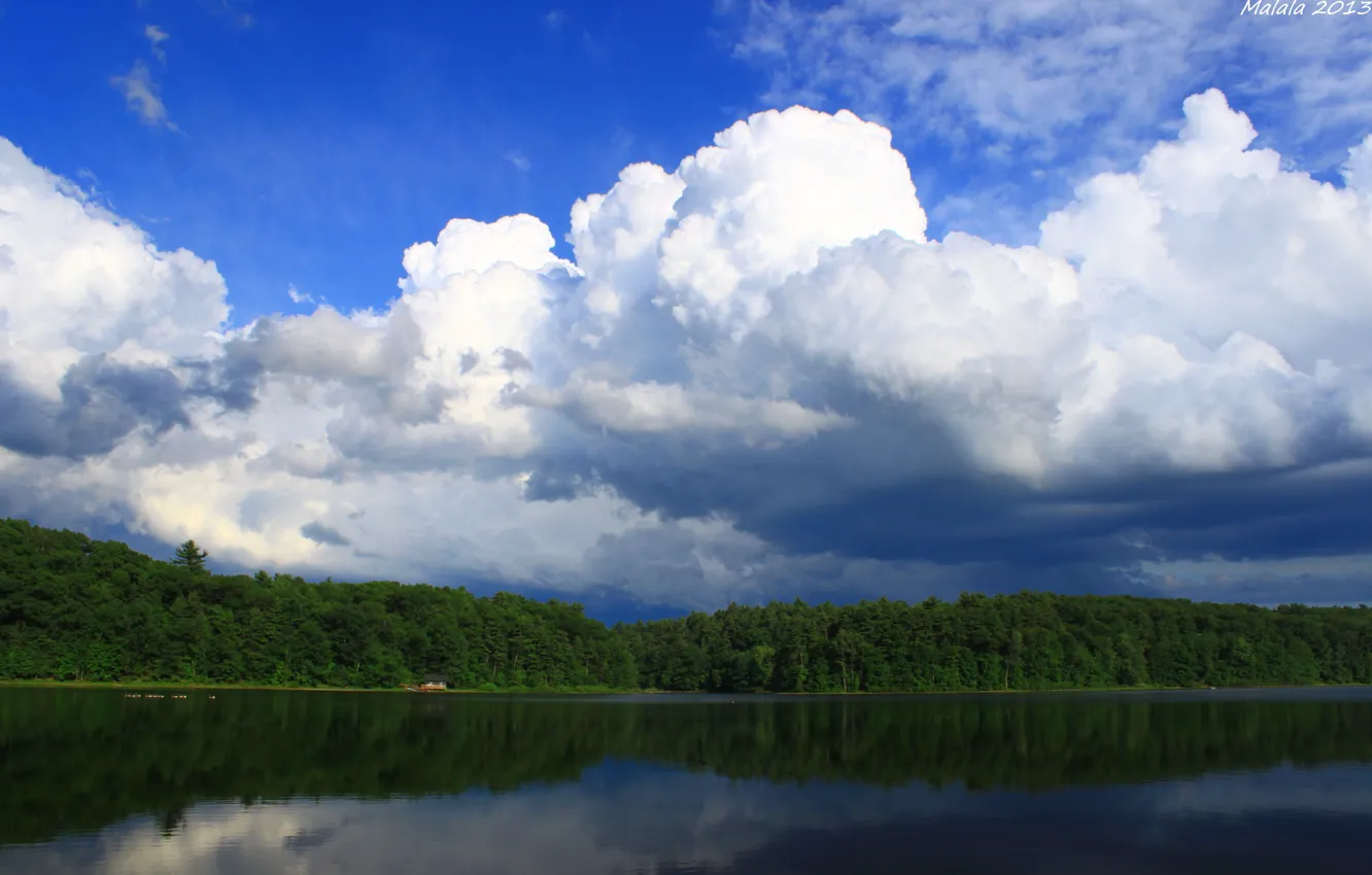 Фото обои небо, вода, облака, деревья, пейзаж, природа, отражение