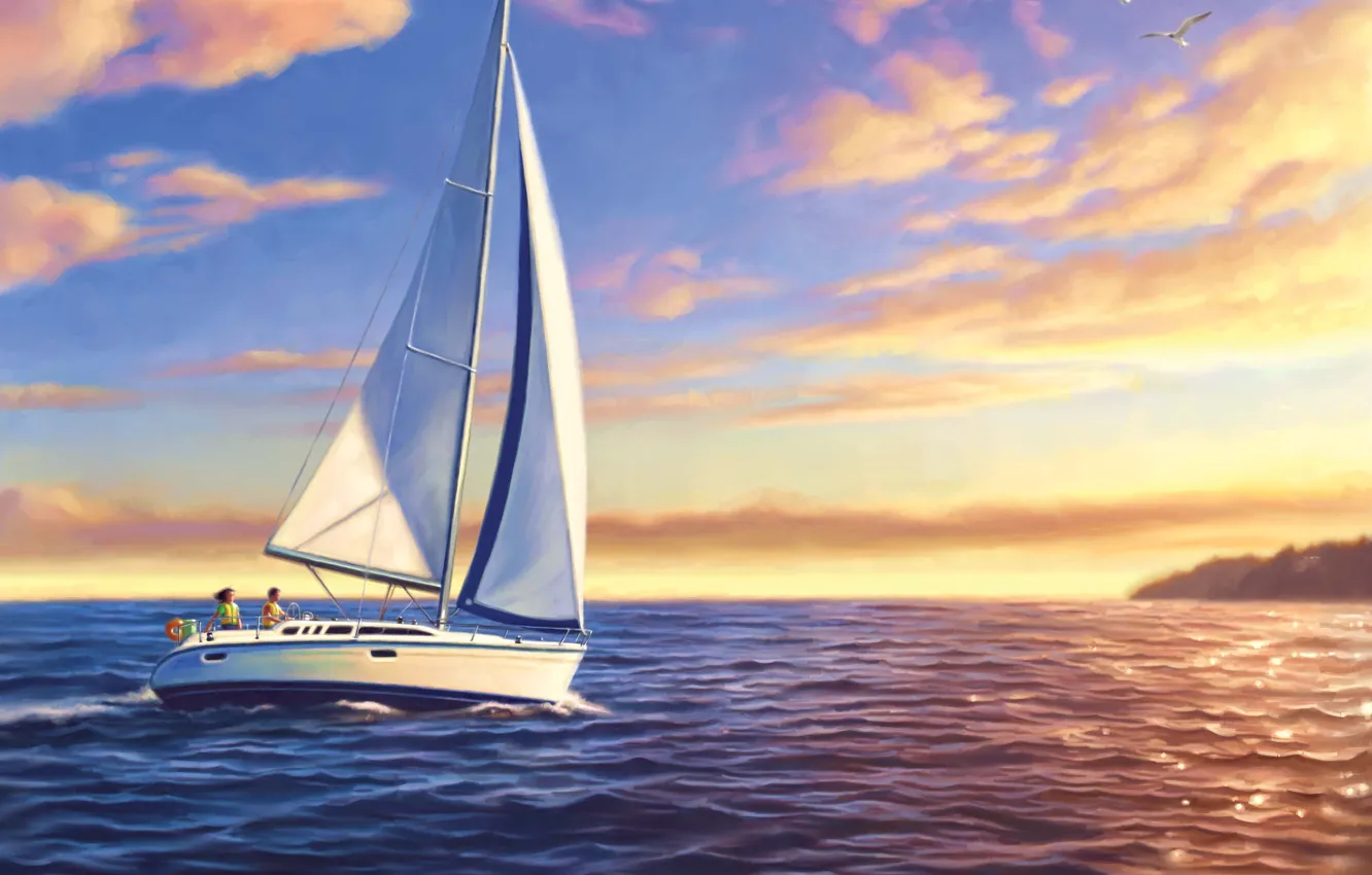 Фото обои картина, живопись, painting, colorful sailboats at sunset