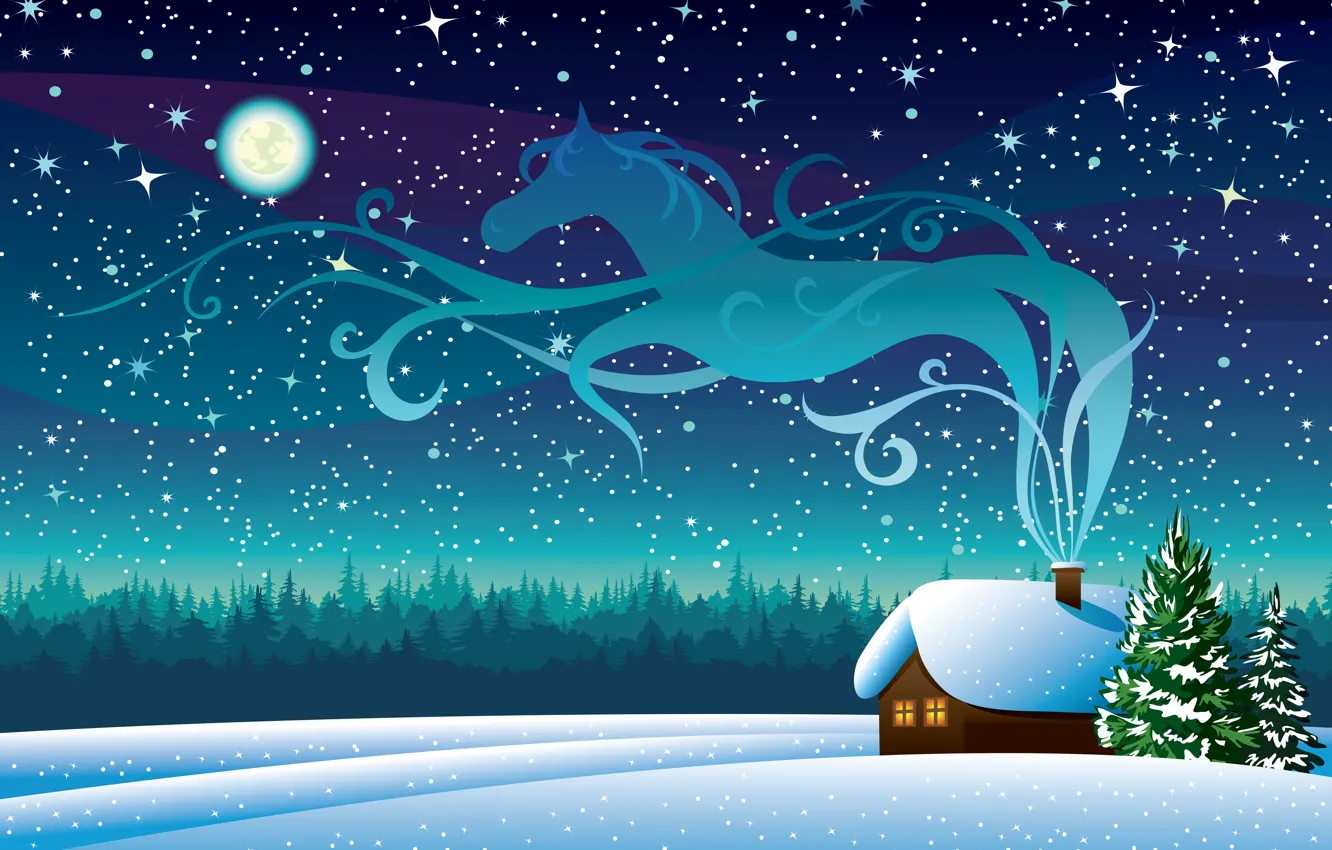 Фото обои небо, звезды, снег, деревья, дым, Зима, Луна, домик
