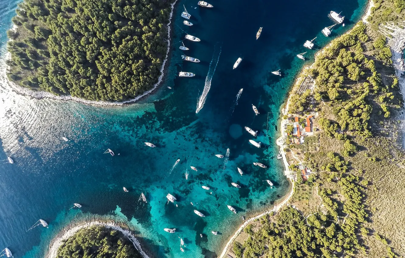 Фото обои море, лодка, остров, яхта, Хорватия, Адриатика, Ядран, вид с высоты