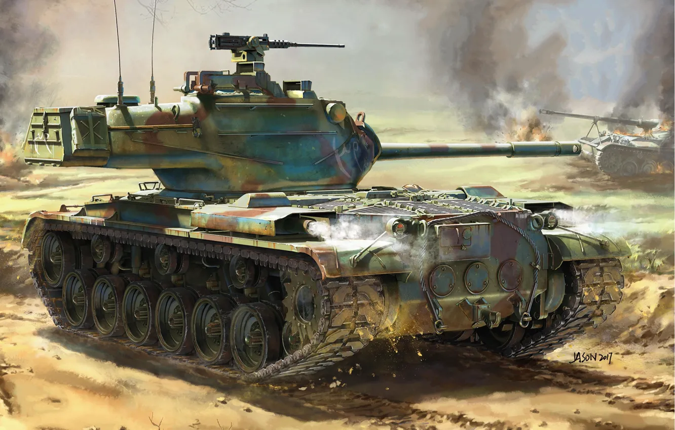 Фото обои огонь, дым, рисунок, взрывы, арт, танк, поле боя, американский