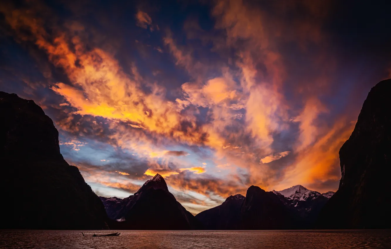 Фото обои закат, Новая Зеландия, New Zealand, Sunset, Milford Sound