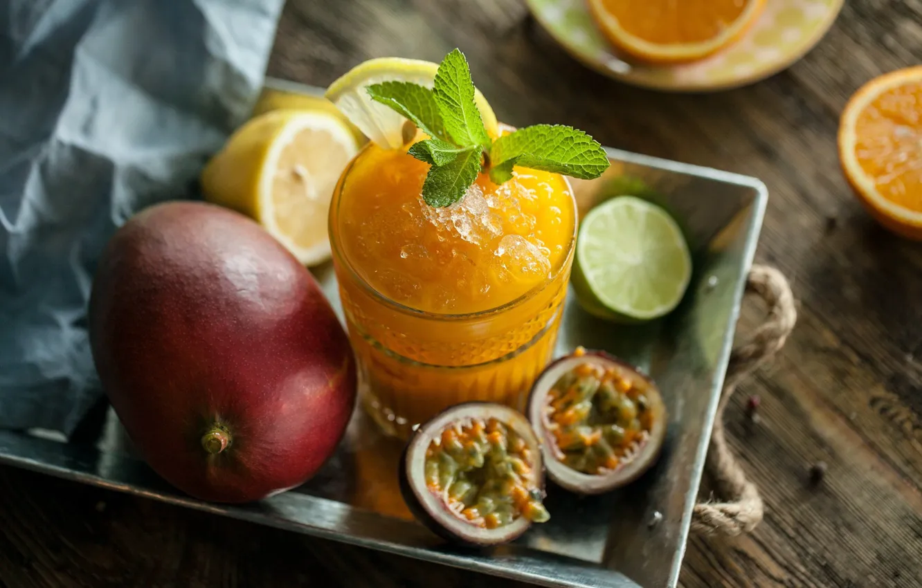 Фото обои стакан, лимон, апельсин, лёд, лайм, напиток, фрукты, мята