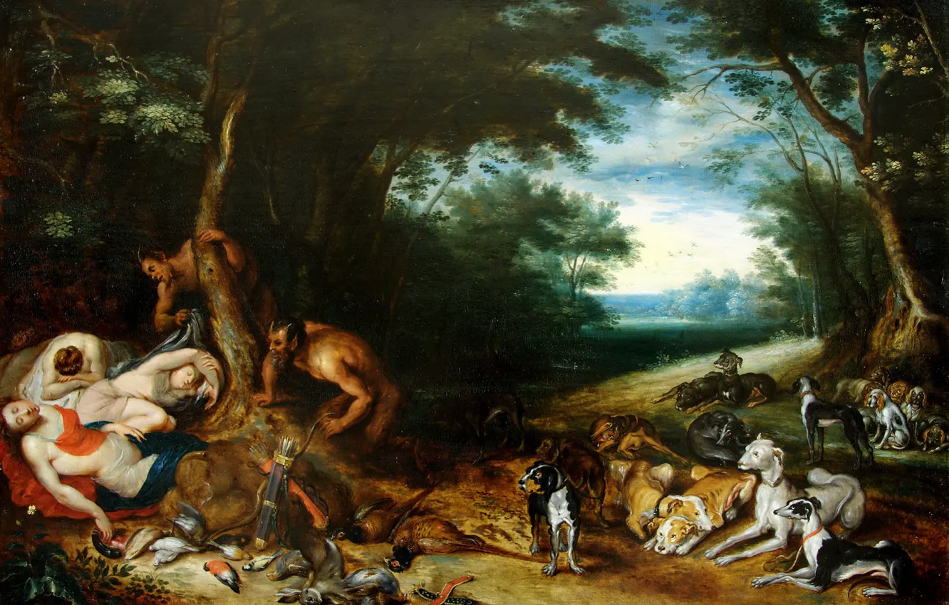 Фото обои картина, мифология, Ян Брейгель младший, Сатиры и Спящие нимфы