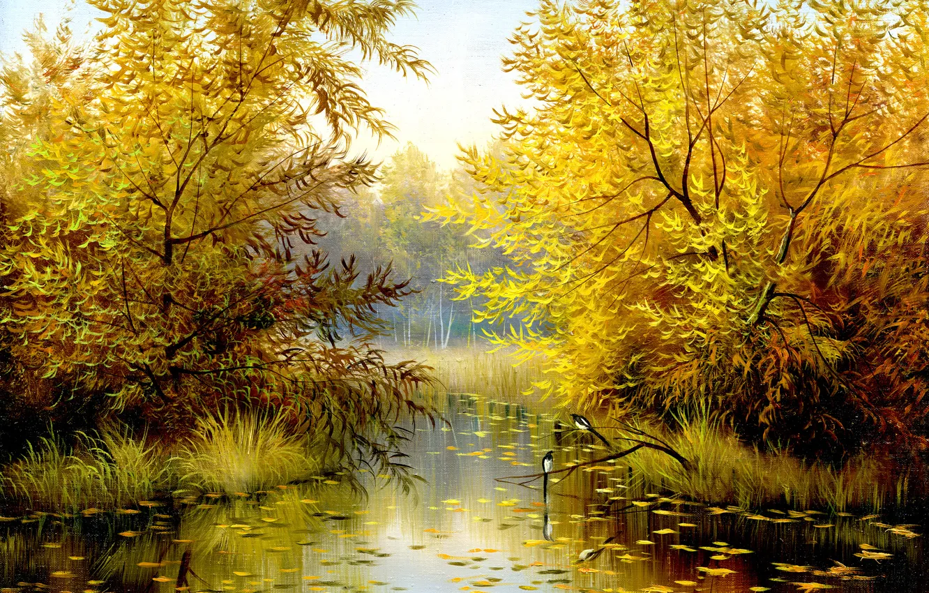Фото обои осень, листья, деревья, пейзаж, птицы, природа, живопись, время года
