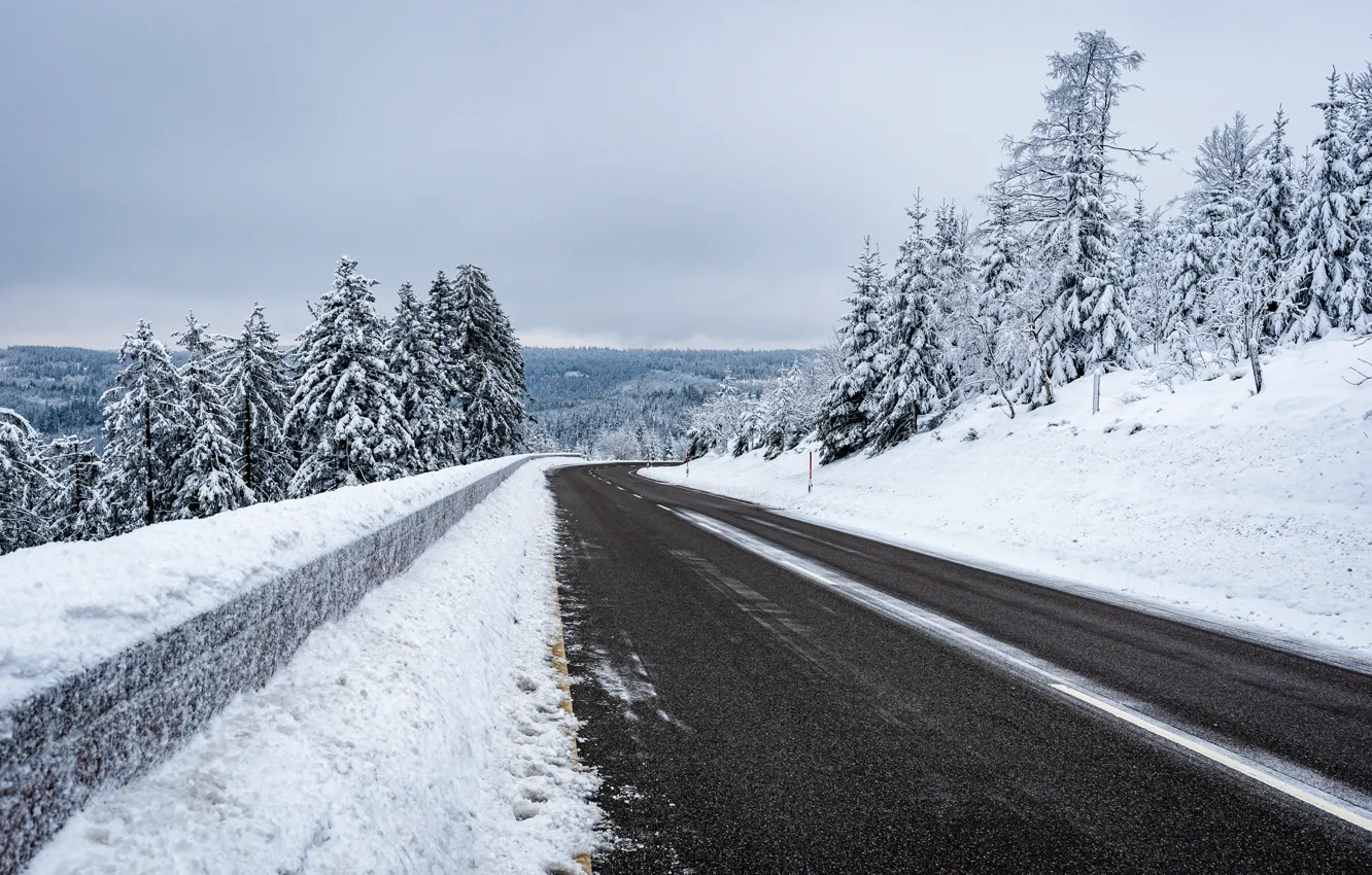 Фото обои зима, дорога, снег, деревья, пейзаж, горы, елки, forest