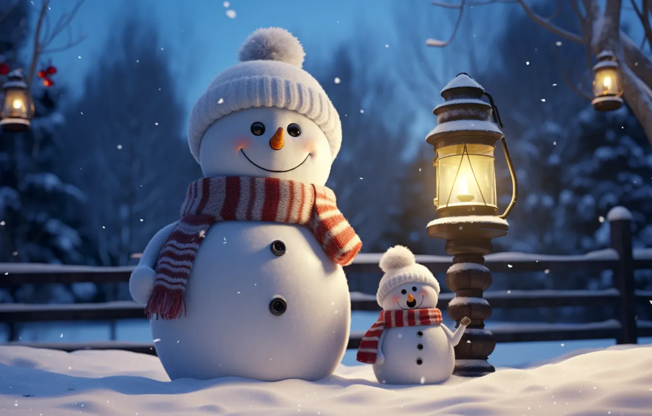 Фото обои зима, снег, Новый Год, Рождество, снеговик, happy, Christmas, night