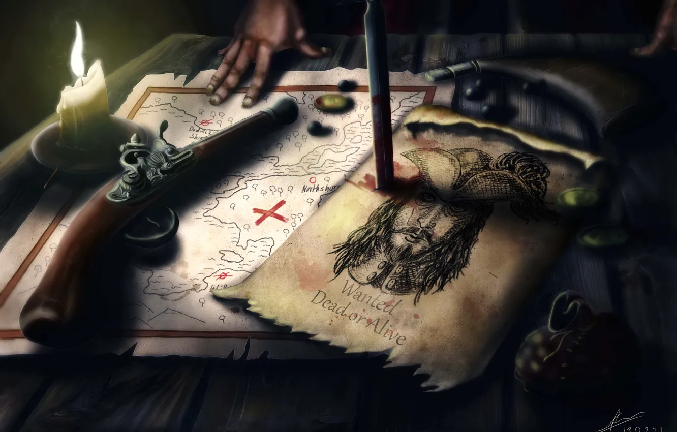 Фото обои стол, карта, свеча, арт, пират, револьвер, объявление, розыск