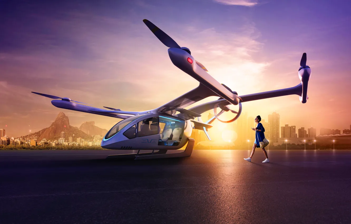 Фото обои Rio de Janeiro, Embraer, eVTOL, Электрический самолет вертикального взлета, Рио-де Жанейро, Embraer Eve Air Mobility