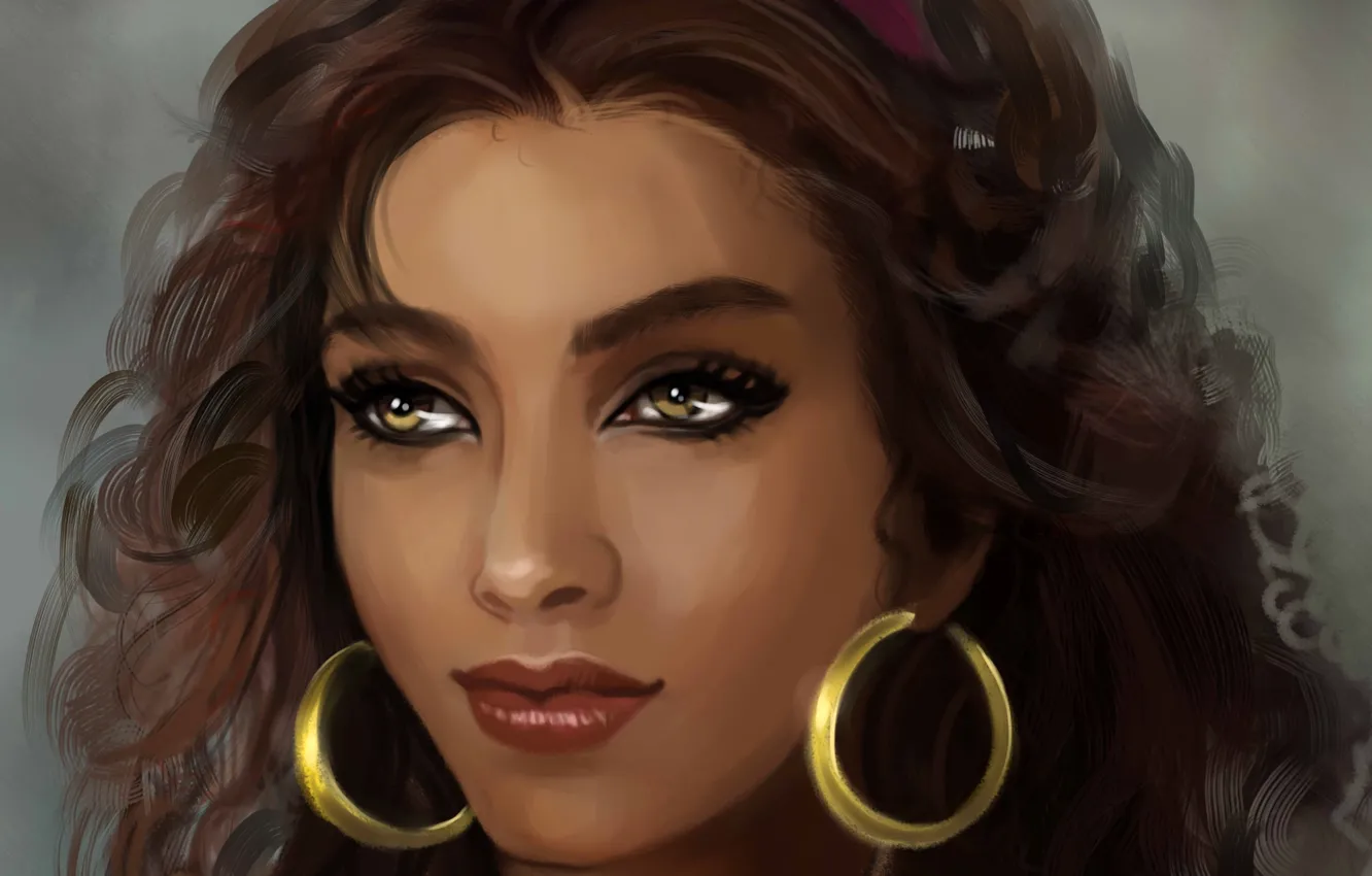 Фото обои взгляд, лицо, волосы, серьги, арт, персонаж, Эсмеральда, Esmeralda