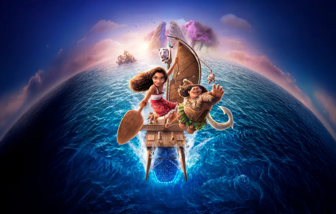 Фото обои океан, лодка, персонажи, Moana 2, Моана 2