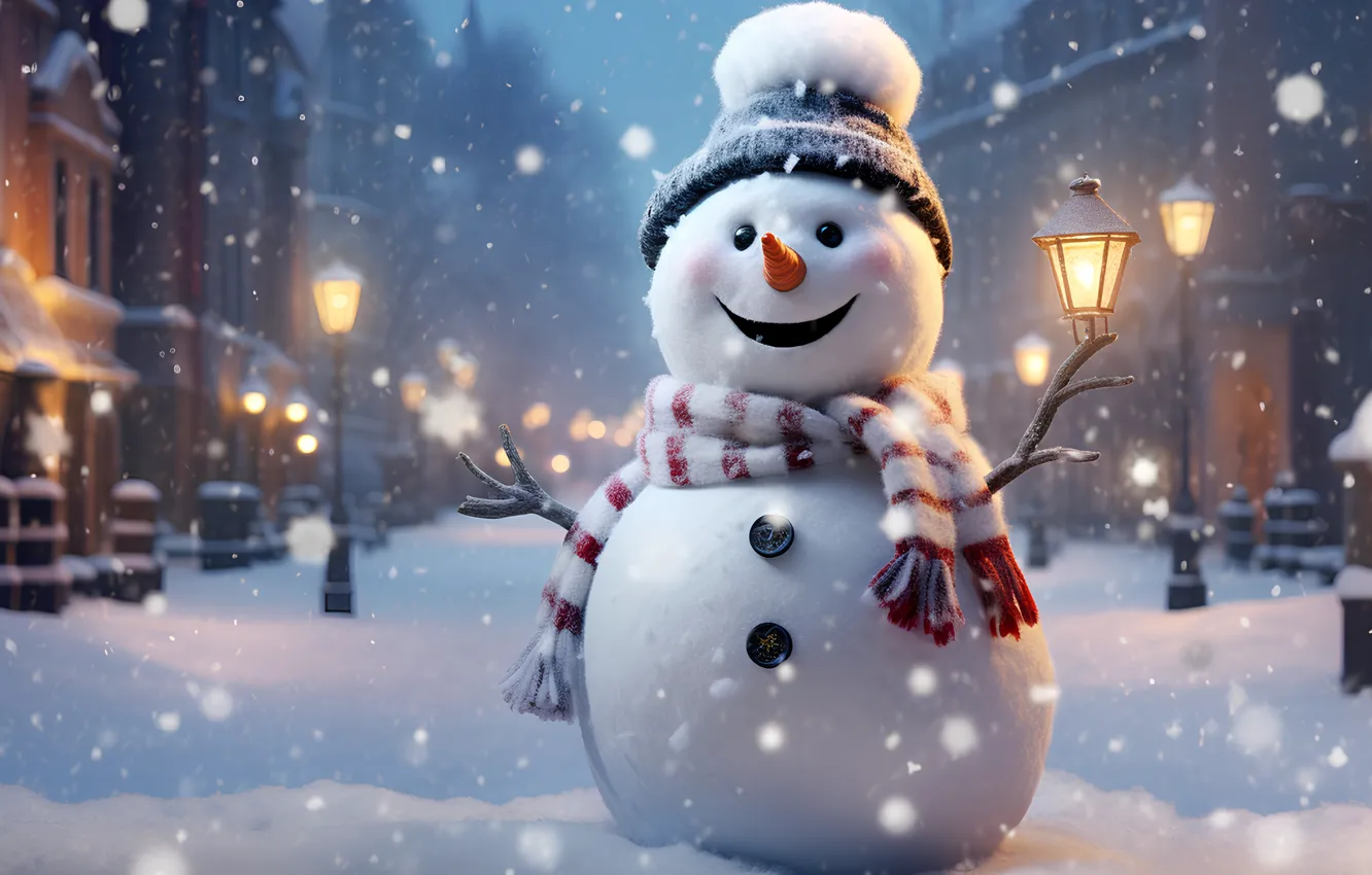Фото обои зима, снег, Новый Год, Рождество, снеговик, happy, Christmas, night