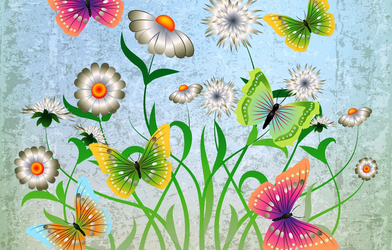 Фото обои бабочки, цветы, abstract, design, flowers, grunge, butterflies
