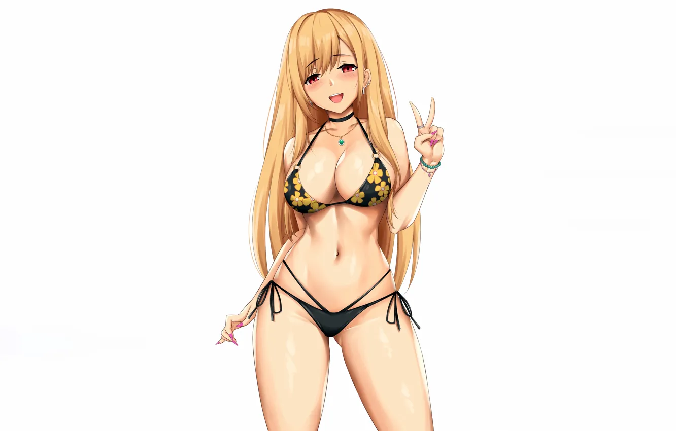Фото обои girl, sexy, cleavage, long hair, boobs, anime, beautiful, red eyes