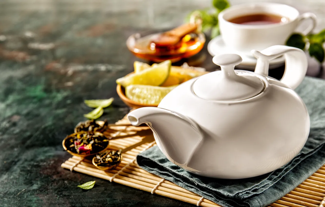 Фото обои лимон, чай, чайник, напиток