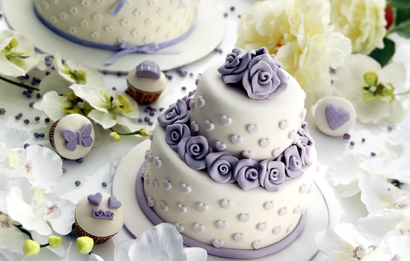 Фото обои цветы, торт, украшение, орхидеи, десерт, декор, кексы, свадебный
