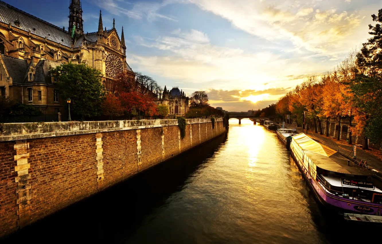 Фото обои река, рассвет, Париж, утро, Нотр-Дам