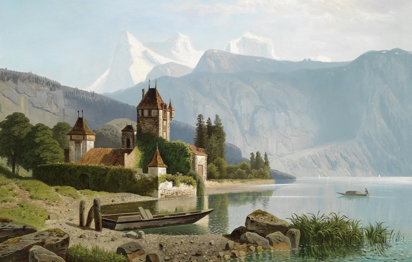 Фото обои картина, живопись, painting, View of Castle Oberhofen on Lake Thun, 1865, Theodor Nocken