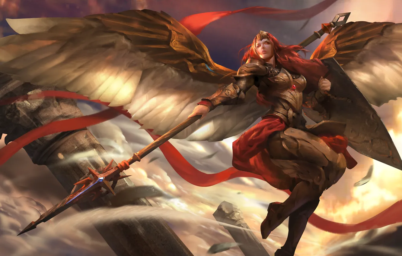 Фото обои крылья, воин, копье, щит, Heroes of Newerth, Valkyrie, Adkarna Valkyrie