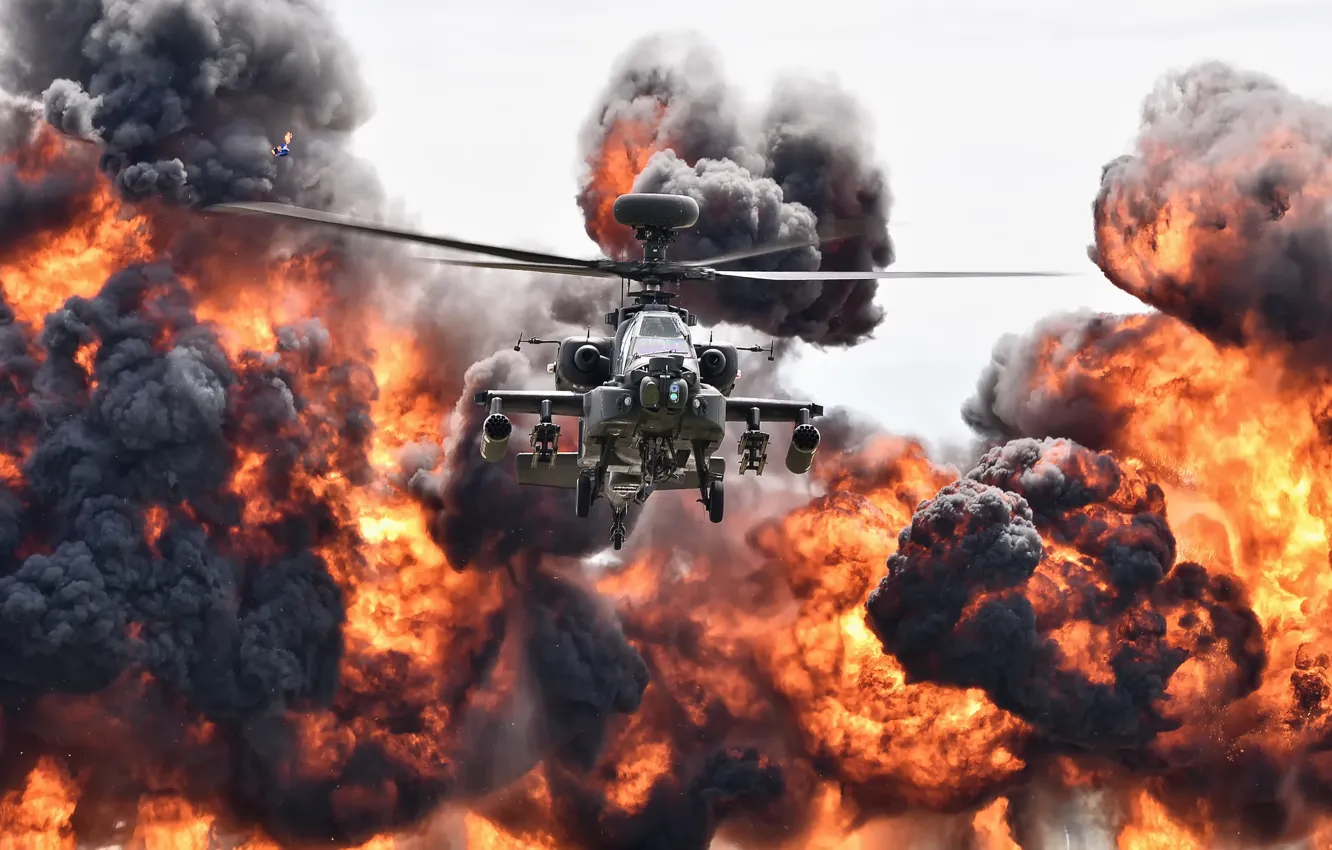 Фото обои взрыв, огонь, вертолёт, Apache