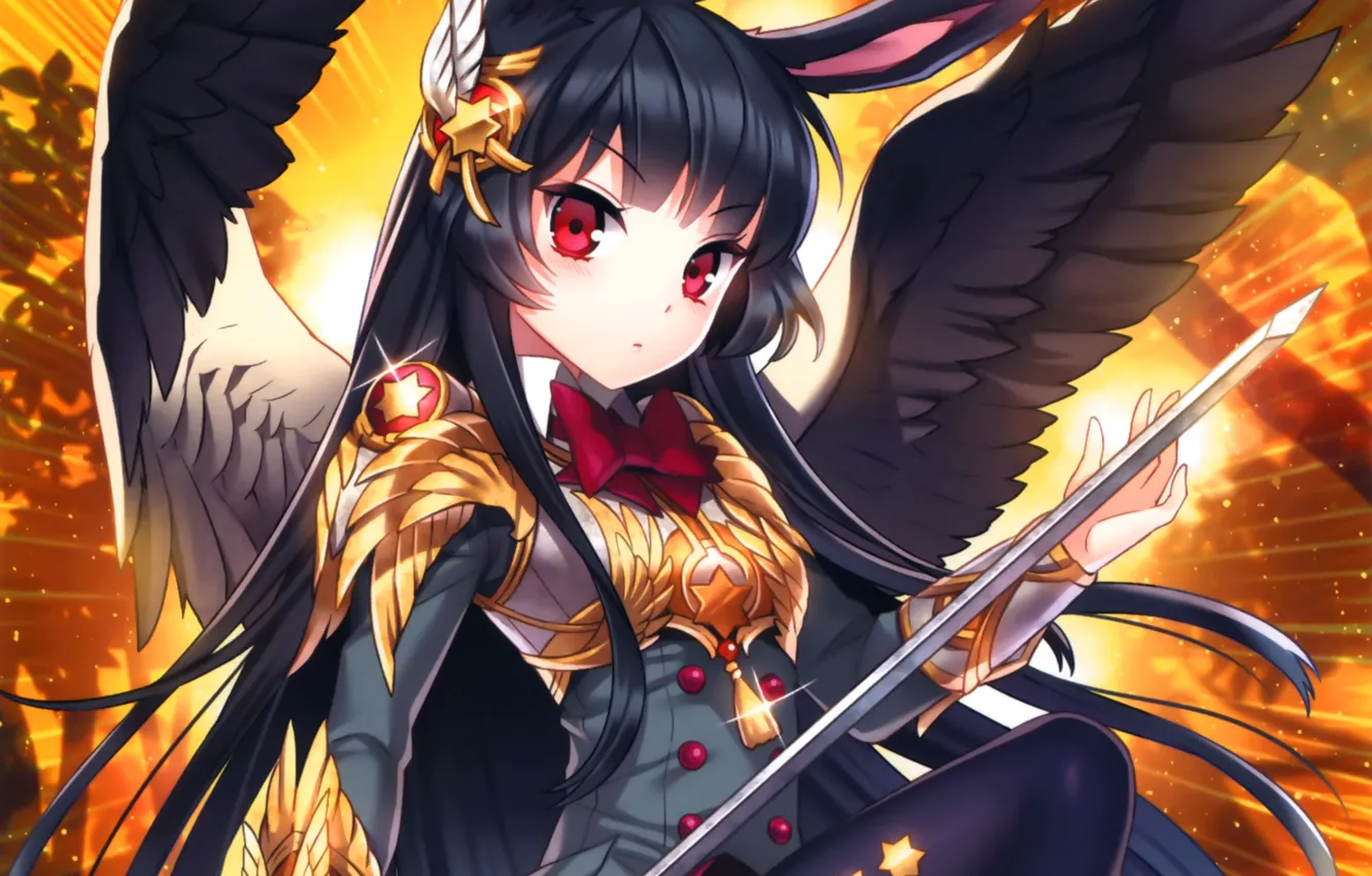 Фото обои девушка, оружие, крылья, меч, арт, ушки, nardack, kaku-san-sei million arthur