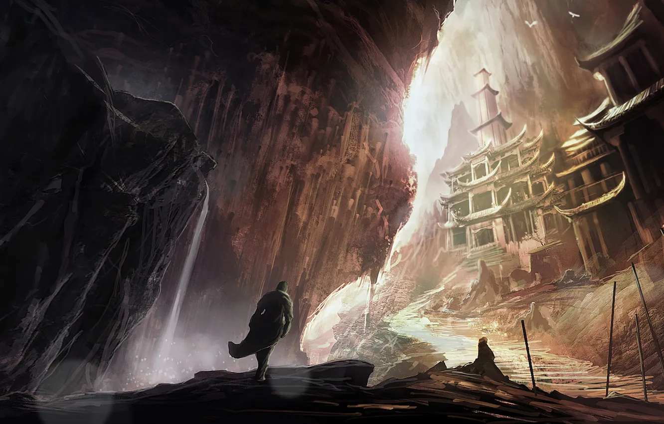 Фото обои замок, скалы, водопад, фигура, арт, дорожка, храм, путник