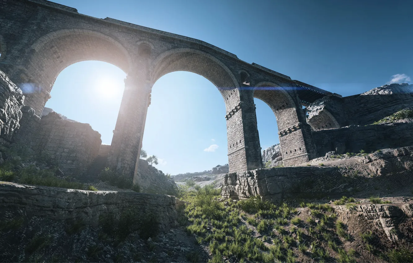 Фото обои трава, солнце, мост, канал, Battlefield V