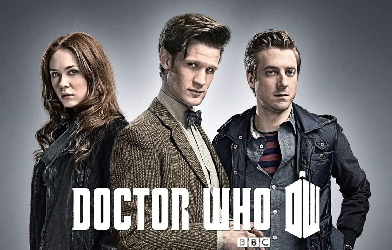 Фото обои взгляд, девушка, актриса, актер, мужчина, рубашка, серый фон, Doctor Who