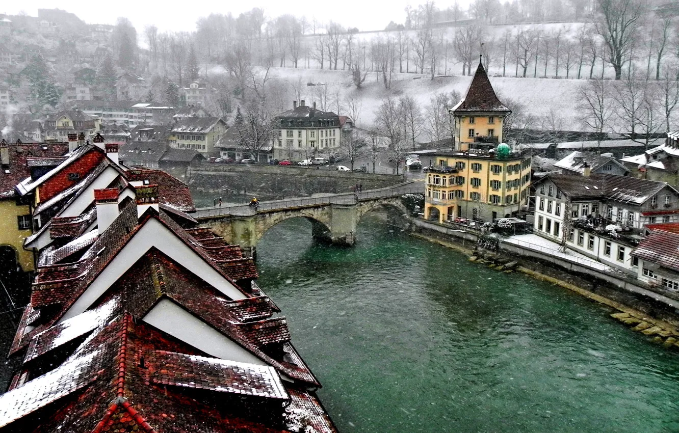 Фото обои зима, мост, город, река, Швейцария, крыши, канал, Берн