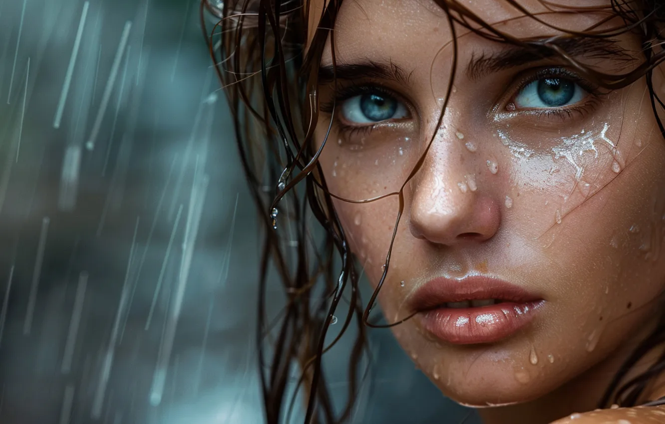 Фото обои взгляд, вода, девушка, капли, брызги, крупный план, лицо, портрет