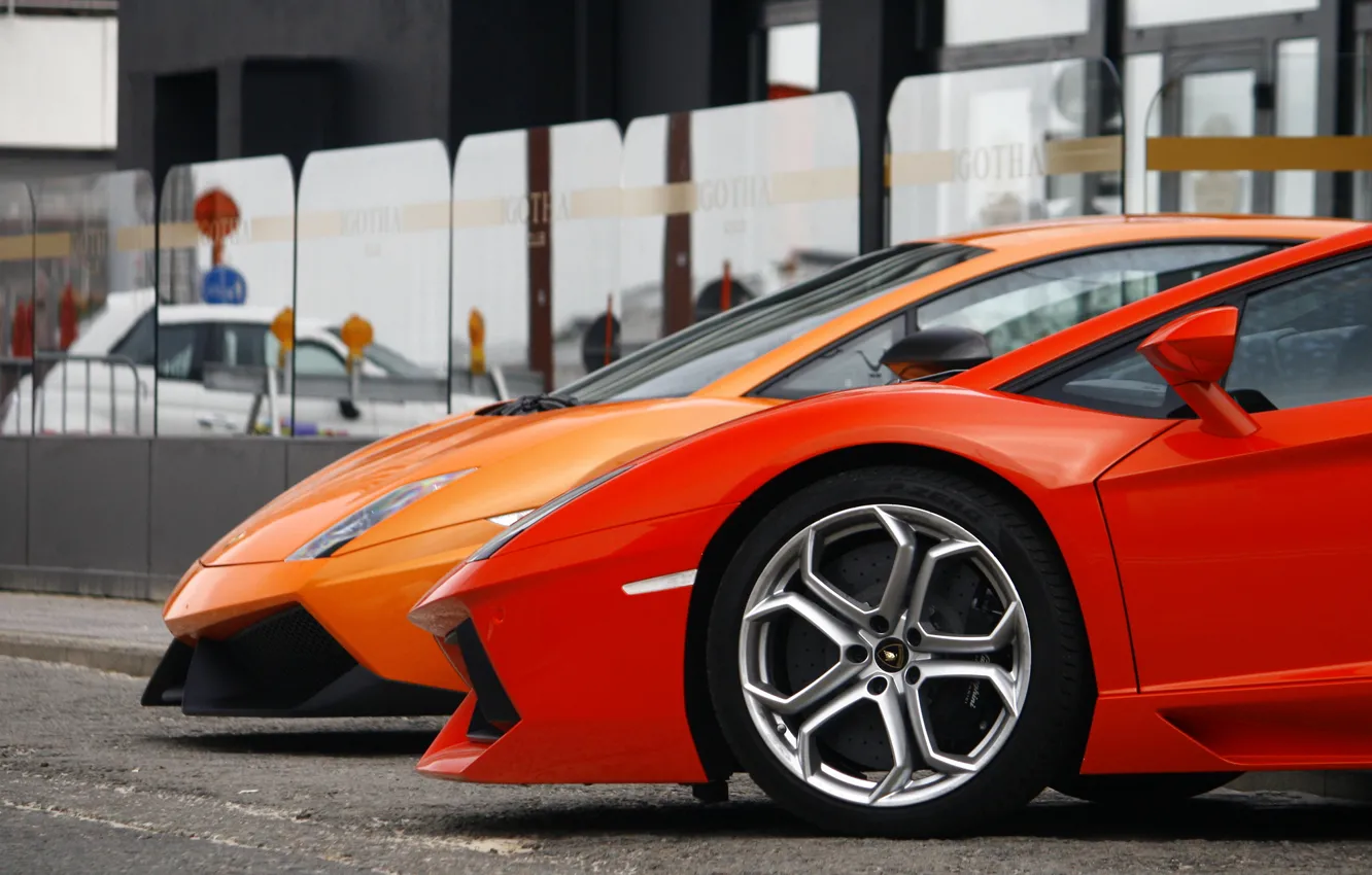 Фото обои оранжевый, красный, фары, Lamborghini, колесо, red, диск, gallardo