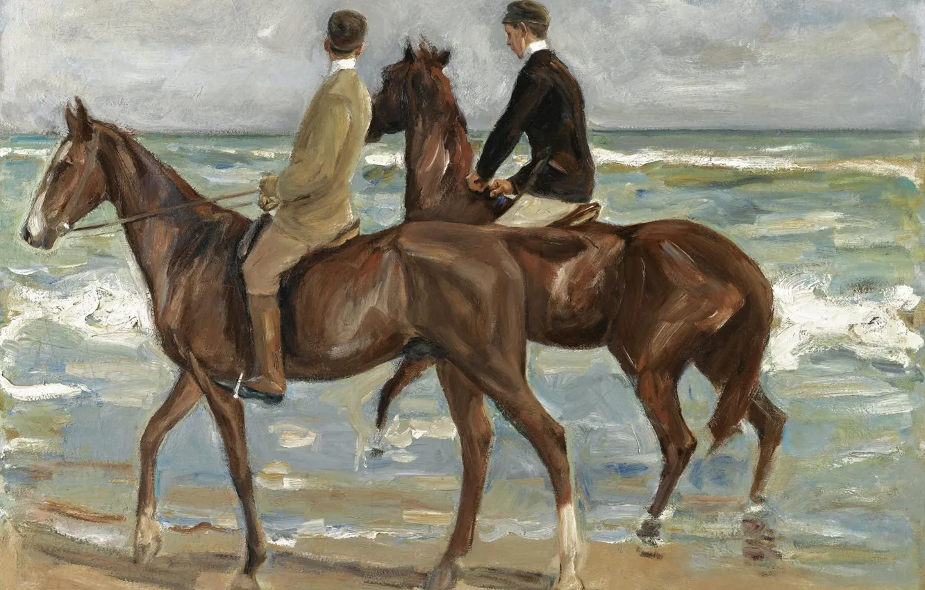 Фото обои море, картина, лошади, Max Liebermann, Макс Либерман, Два Всадника на Пляже