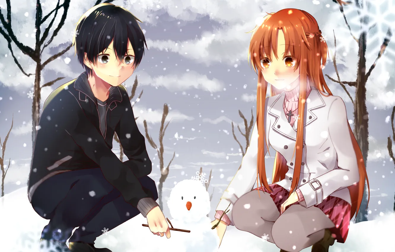 Фото обои девушка, снег, снеговик, парень, anime, art, sword art online, Asuna Yuuki