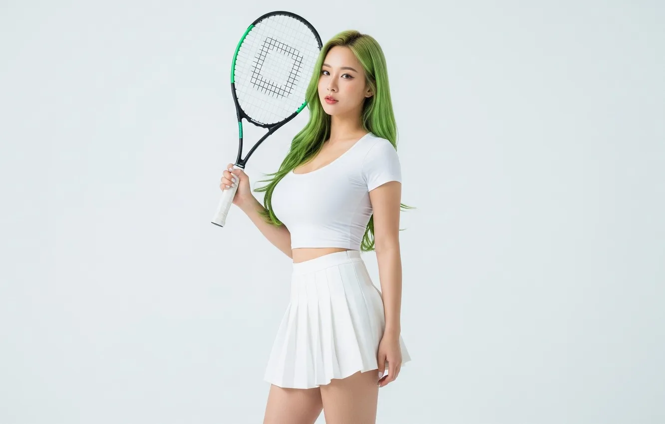Фото обои Asian, green hair, tennis rackets, AI art, short clothes