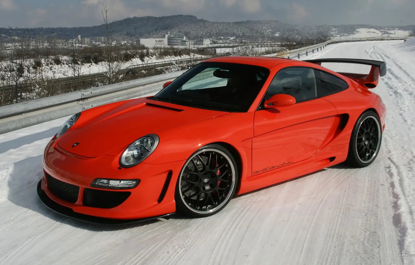 Фото обои зима, красный, 911, porsche, turbo s