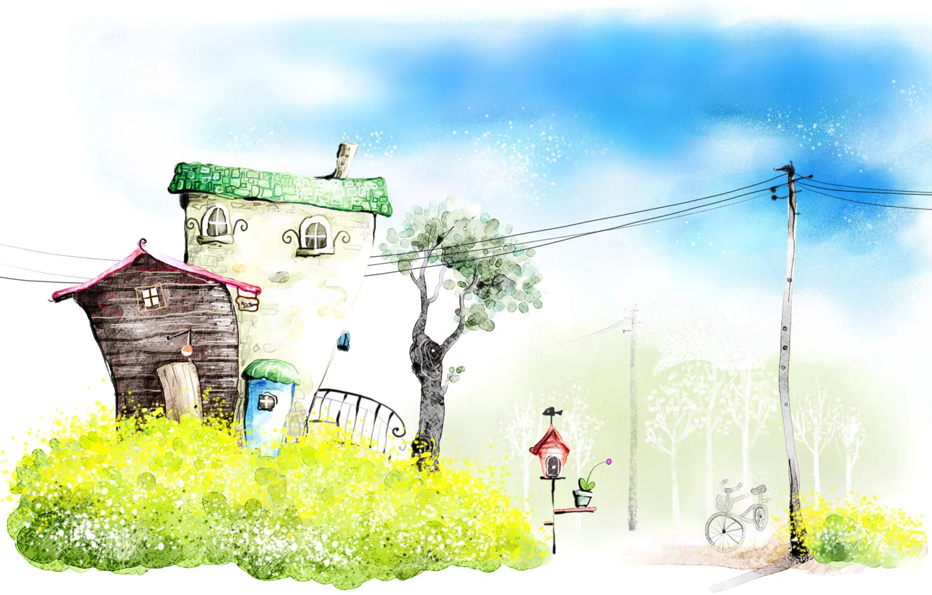 Фото обои деревья, столбы, дверь, домик, растения.фон